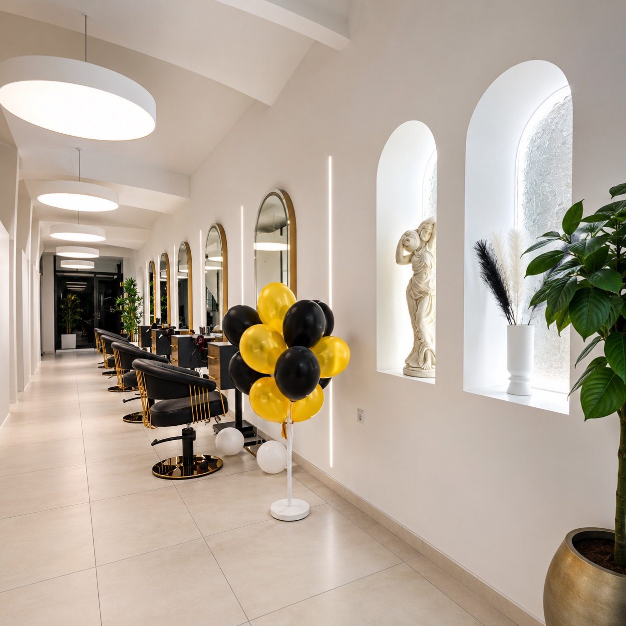 Lange Salonachse des ØNEX Hair Studiø mit goldgerahmten Bogenspiegeln und Antik-Skulptur in beleuchteter Nische